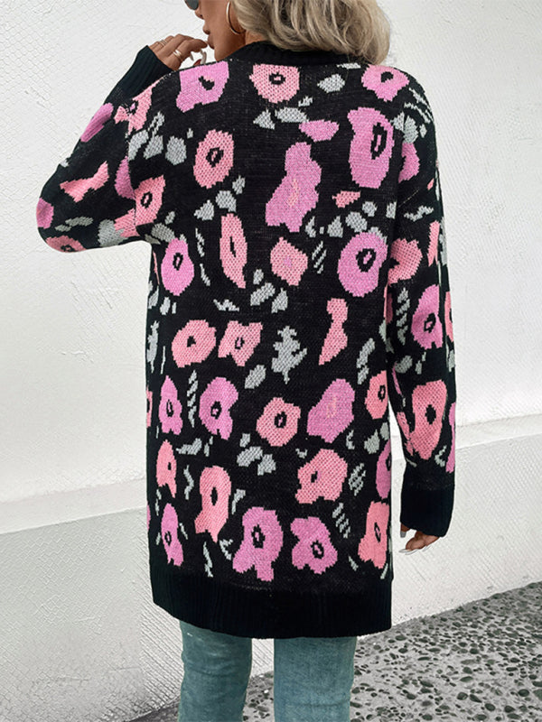 New Women's Long Sleeve Contrast Color Floral Knitted Sweater Cardigan