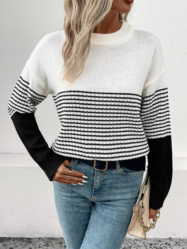 New Women's Long Sleeve Striped Contrast Color Pullover Sweater