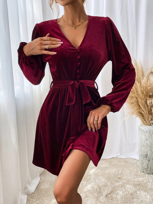 New V-neck waist A-line skirt long-sleeved velvet sexy banquet dress