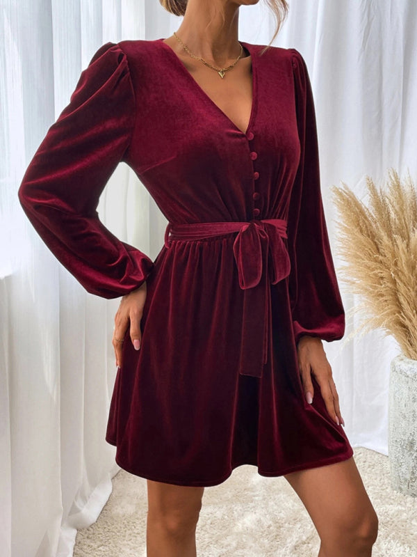 New V-neck waist A-line skirt long-sleeved velvet sexy banquet dress