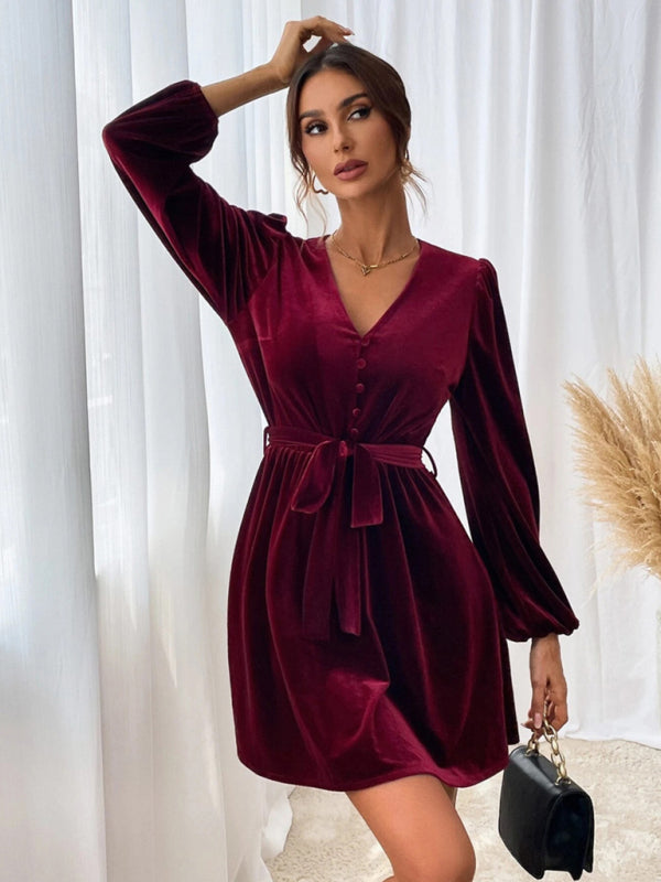 New V-neck waist A-line skirt long-sleeved velvet sexy banquet dress