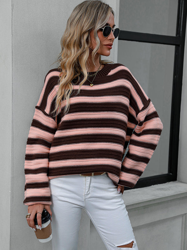 Women's loose striped round neck long sleeve pullover sweater