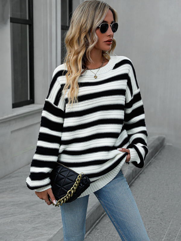 Women's loose striped round neck long sleeve pullover sweater
