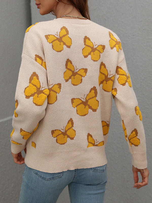 Women's Loose Round Neck Long Sleeve Butterfly Sweater