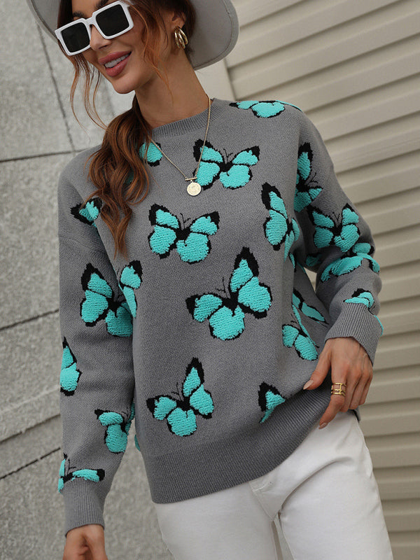 Women's Loose Round Neck Long Sleeve Butterfly Sweater