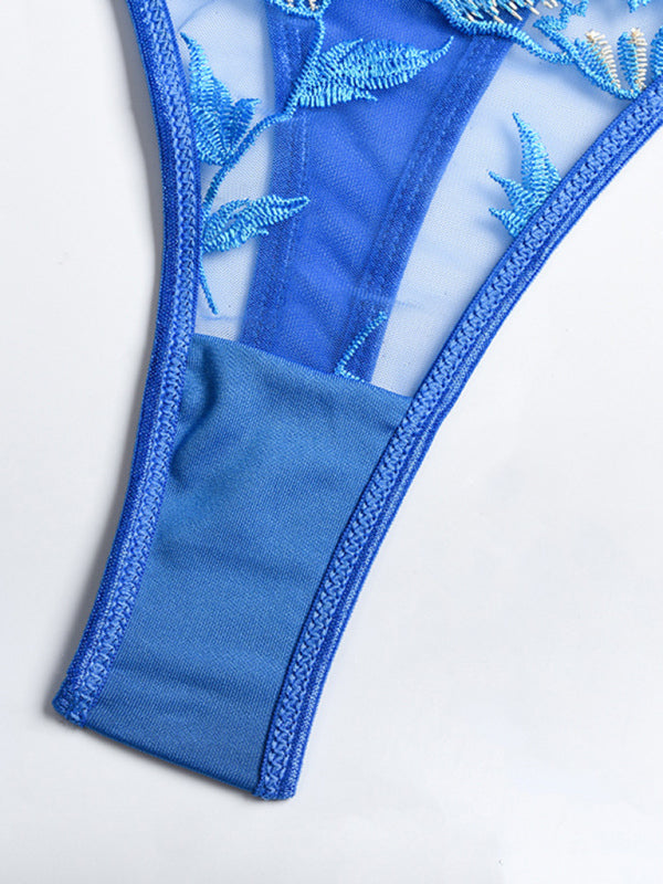 New sexy and interesting lace embroidery flower see-through underwear and garter set