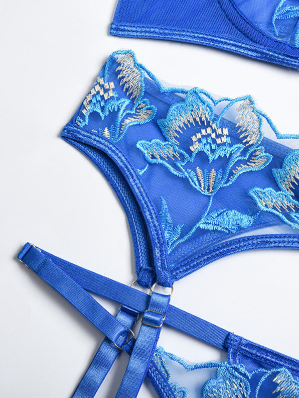 New sexy and interesting lace embroidery flower see-through underwear and garter set