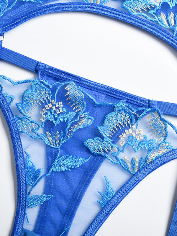 New sexy and interesting lace embroidery flower see-through underwear and garter set