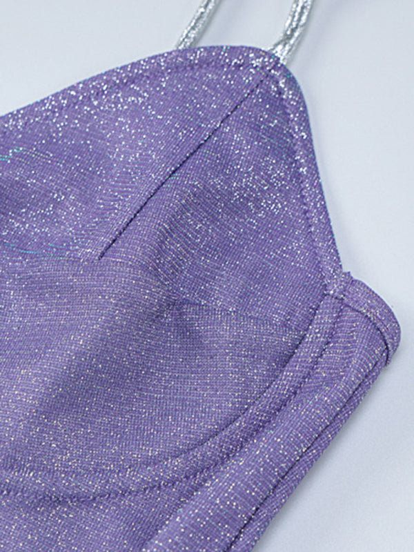 New women's sexy ladylike style breast-wrapped and stitched hollow bright silk suspender dress