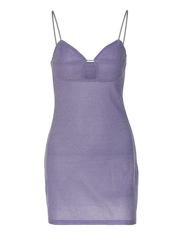 New women's sexy ladylike style breast-wrapped and stitched hollow bright silk suspender dress