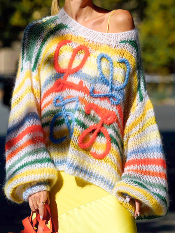 Women's colorful striped contrast sweater women's loose pullover sweater