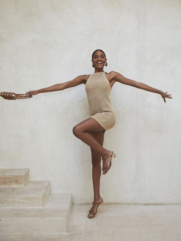 Sexy hollow knitted beach dress with suspenders