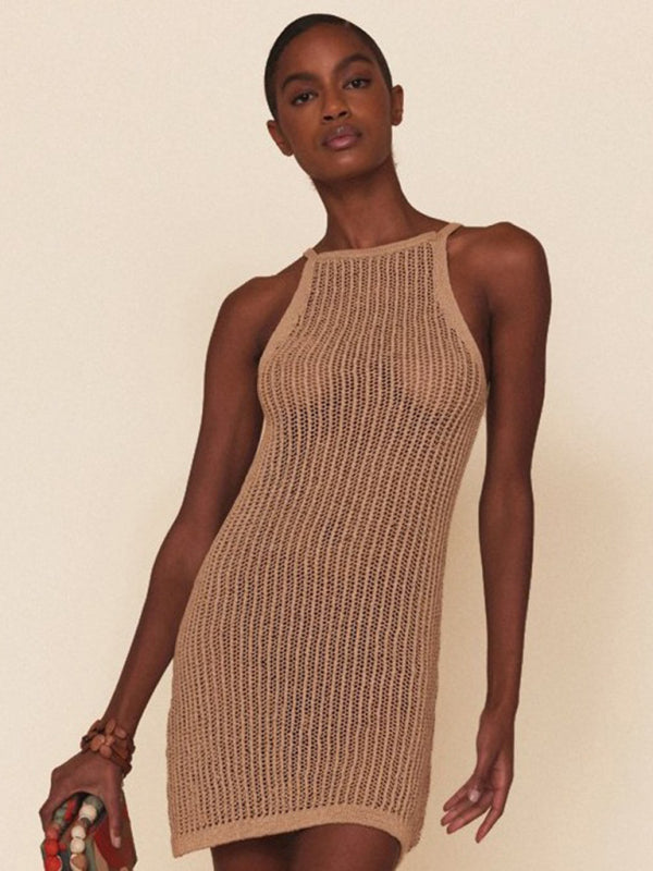 Sexy hollow knitted beach dress with suspenders