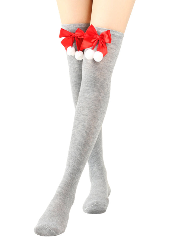 New bow Christmas socks ball socks over the knee socks women's long Christmas striped stockings