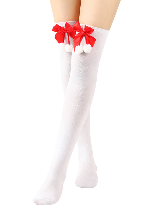 New bow Christmas socks ball socks over the knee socks women's long Christmas striped stockings