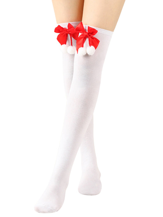 New bow Christmas socks ball socks over the knee socks women's long Christmas striped stockings