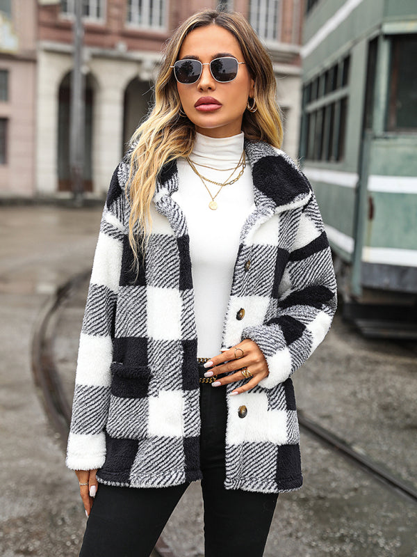 Women's plaid single-breasted double-sided velvet jacket
