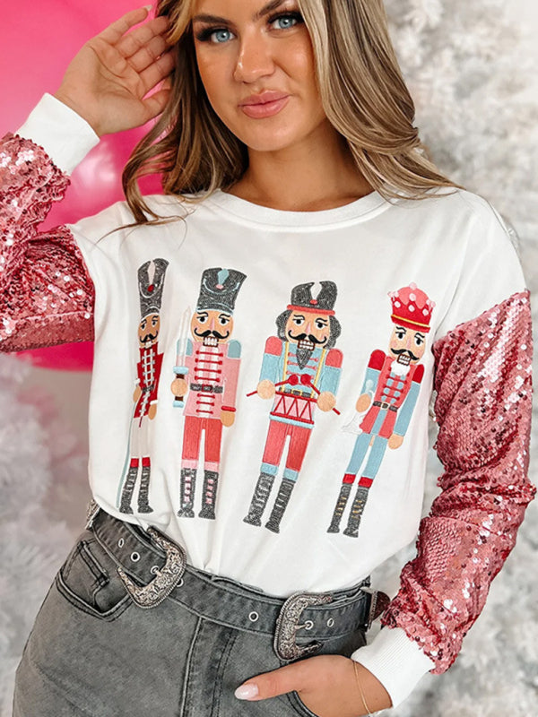 Women's round neck sequined Christmas sweatshirt