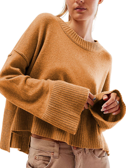 Women's New Solid Color Round Neck Bell Sleeve Pullover Simple Fashion Sweater