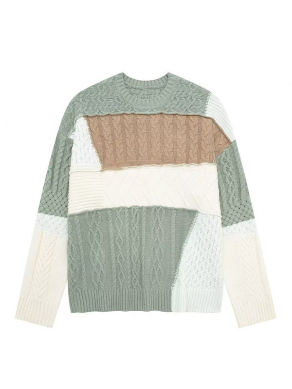 Women's Contrast Color Spliced Round Neck Long Sleeve Sweater