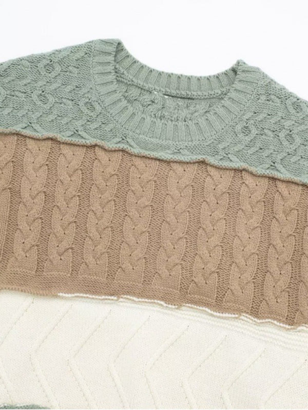 Women's Contrast Color Spliced Round Neck Long Sleeve Sweater