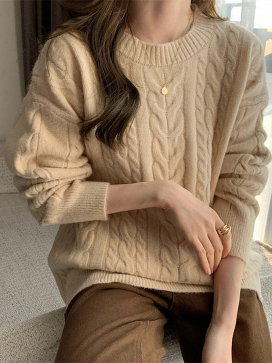 Women's new round neck loose slimming long sleeve pullover knitted top