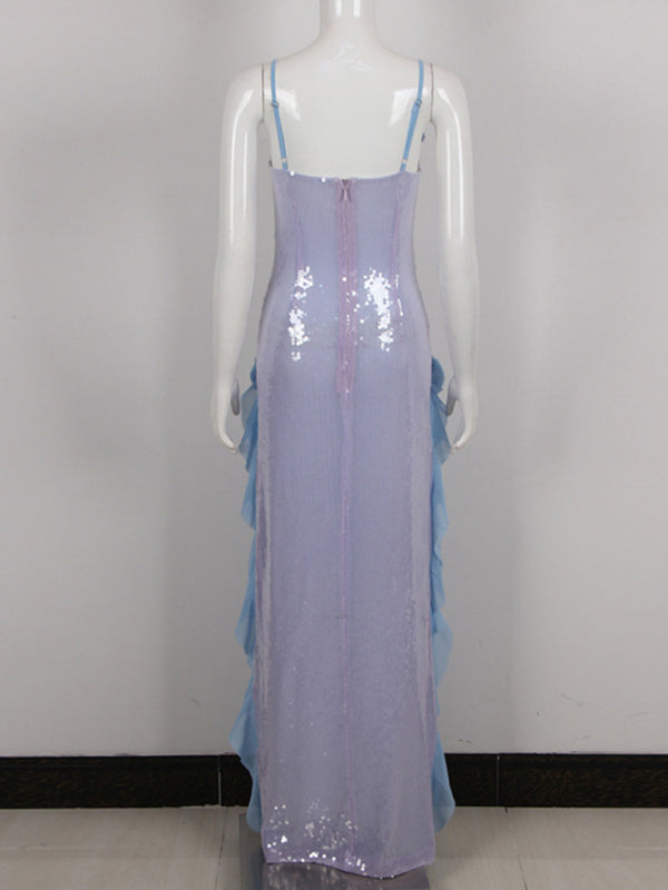 Women's sexy long dress with sequined ear-trimmed three-dimensional flower suspender dress