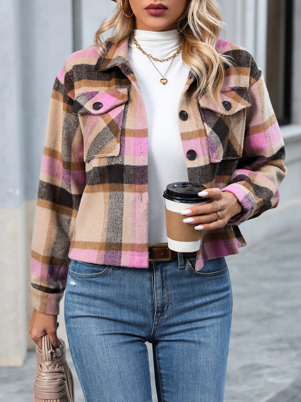 Women's short casual plaid button coat