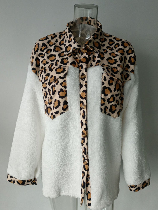 Women's Leopard Plaid Print Plush Stitching Contrast Color Warm Long Sleeve Jacket