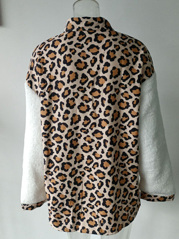 Women's Leopard Plaid Print Plush Stitching Contrast Color Warm Long Sleeve Jacket
