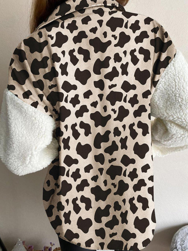 Women's Leopard Plaid Print Plush Stitching Contrast Color Warm Long Sleeve Jacket