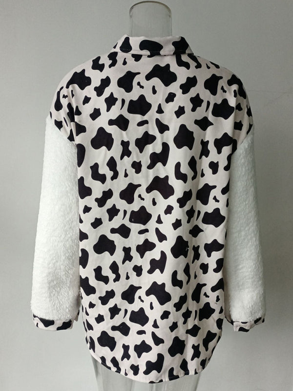 Women's Leopard Plaid Print Plush Stitching Contrast Color Warm Long Sleeve Jacket
