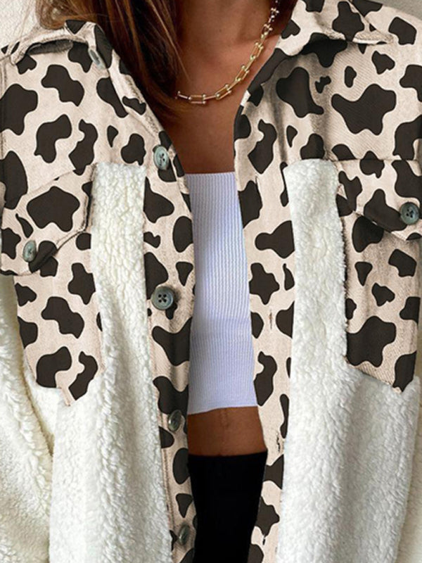Women's Leopard Plaid Print Plush Stitching Contrast Color Warm Long Sleeve Jacket
