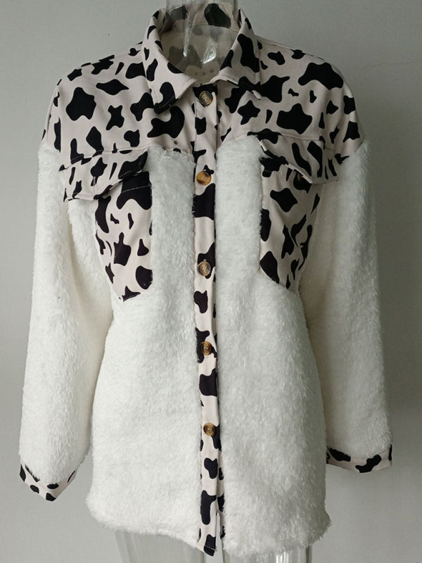 Women's Leopard Plaid Print Plush Stitching Contrast Color Warm Long Sleeve Jacket