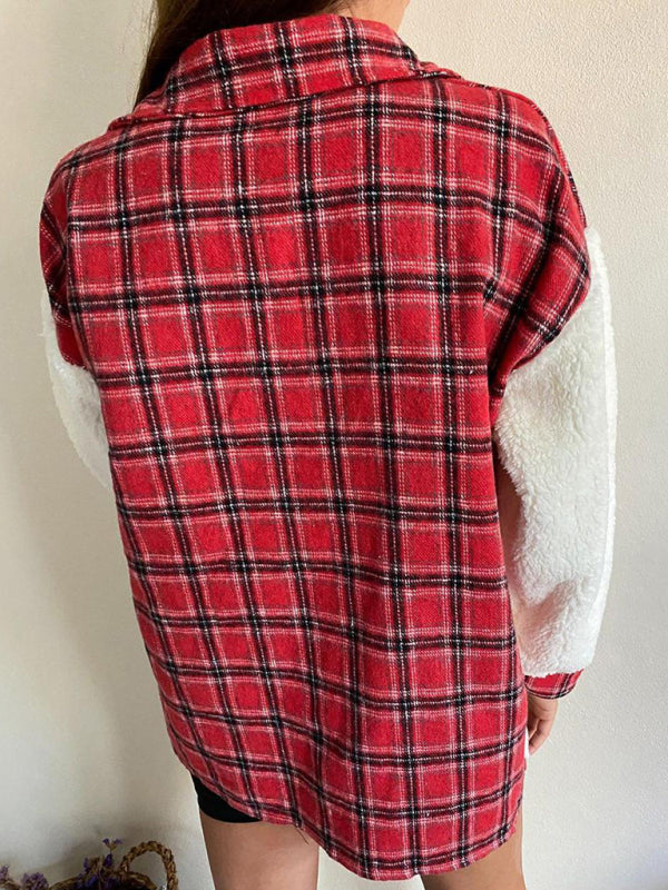Women's Leopard Plaid Print Plush Stitching Contrast Color Warm Long Sleeve Jacket