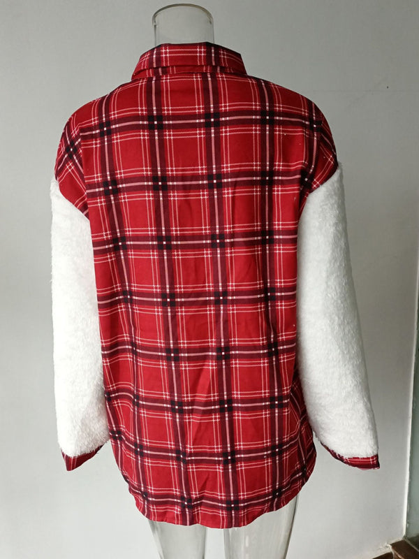 Women's Leopard Plaid Print Plush Stitching Contrast Color Warm Long Sleeve Jacket