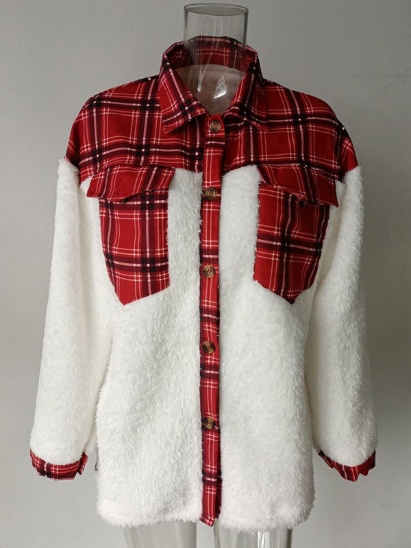 Women's Leopard Plaid Print Plush Stitching Contrast Color Warm Long Sleeve Jacket