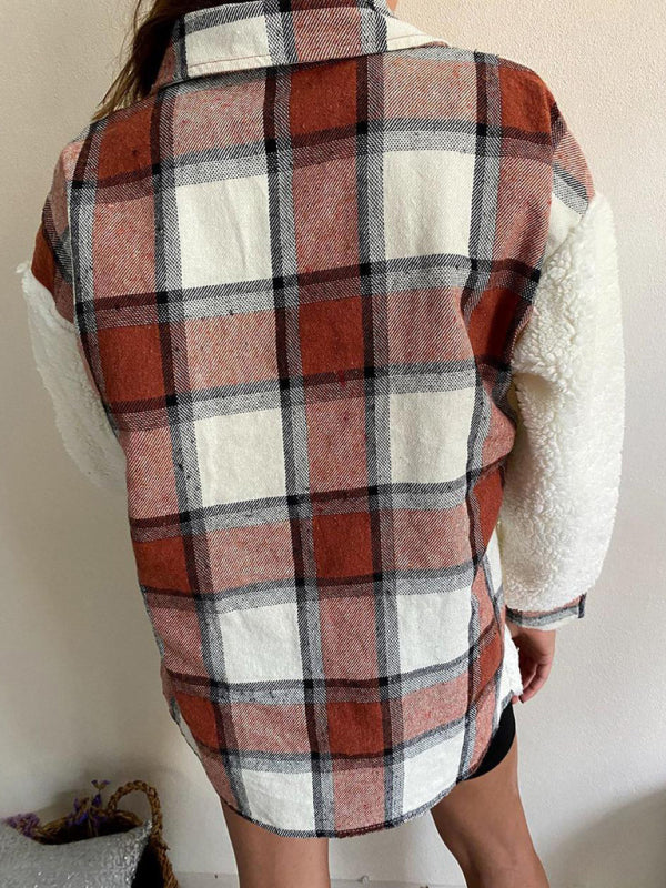 Women's Leopard Plaid Print Plush Stitching Contrast Color Warm Long Sleeve Jacket