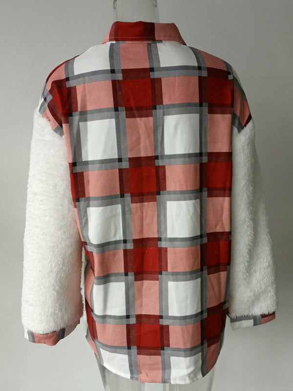 Women's Leopard Plaid Print Plush Stitching Contrast Color Warm Long Sleeve Jacket