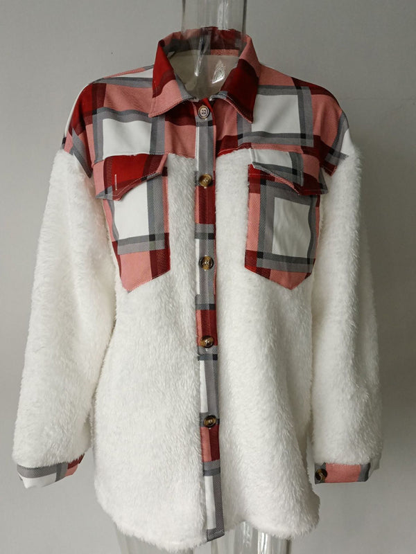 Women's Leopard Plaid Print Plush Stitching Contrast Color Warm Long Sleeve Jacket