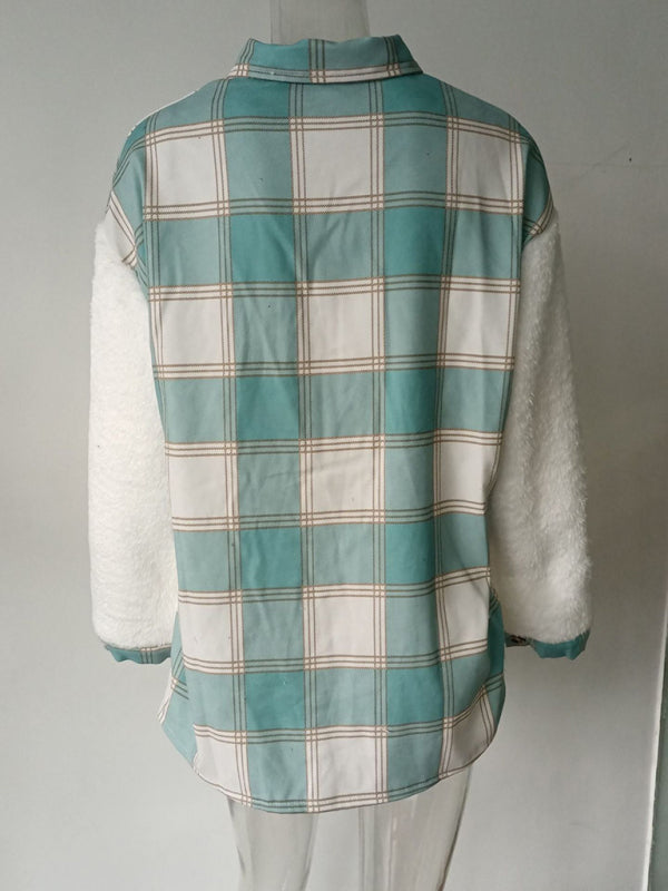 Women's Leopard Plaid Print Plush Stitching Contrast Color Warm Long Sleeve Jacket