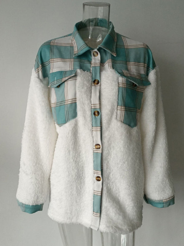 Women's Leopard Plaid Print Plush Stitching Contrast Color Warm Long Sleeve Jacket