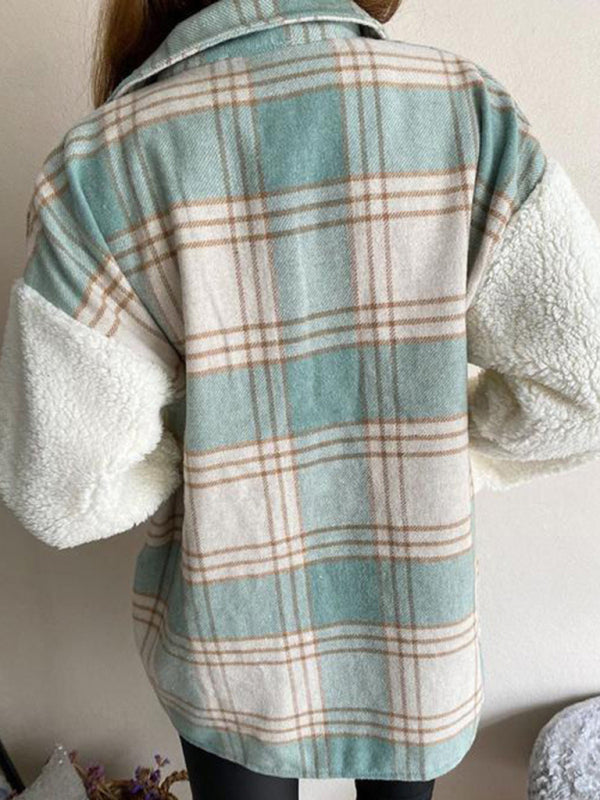Women's Leopard Plaid Print Plush Stitching Contrast Color Warm Long Sleeve Jacket