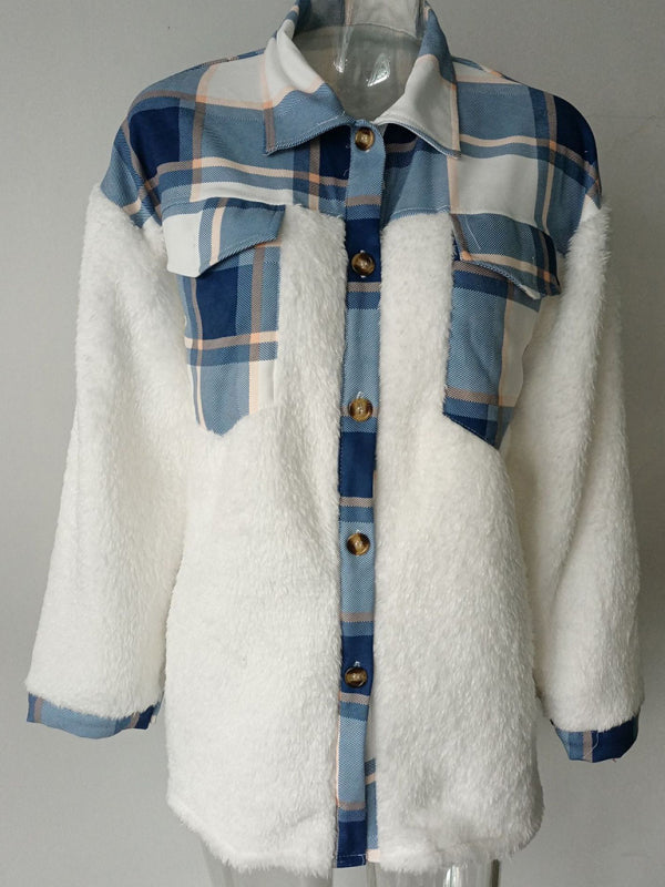 Women's Leopard Plaid Print Plush Stitching Contrast Color Warm Long Sleeve Jacket