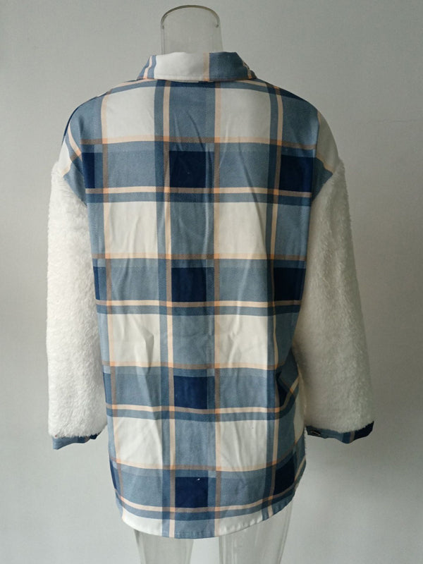 Women's Leopard Plaid Print Plush Stitching Contrast Color Warm Long Sleeve Jacket