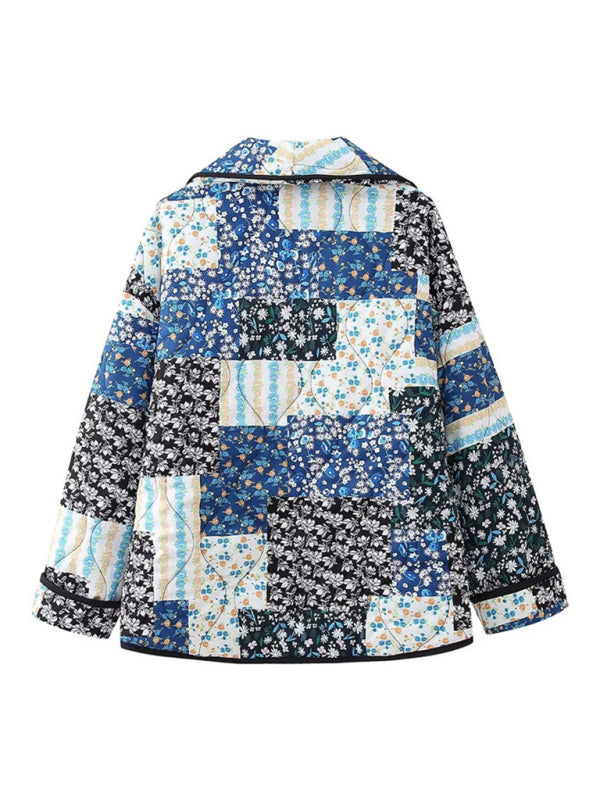 New loose, slim, fashionable and versatile French V-neck long-sleeved printed cotton jacket