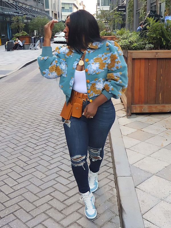 Women's Button Three-dimensional Flower Short Jacket