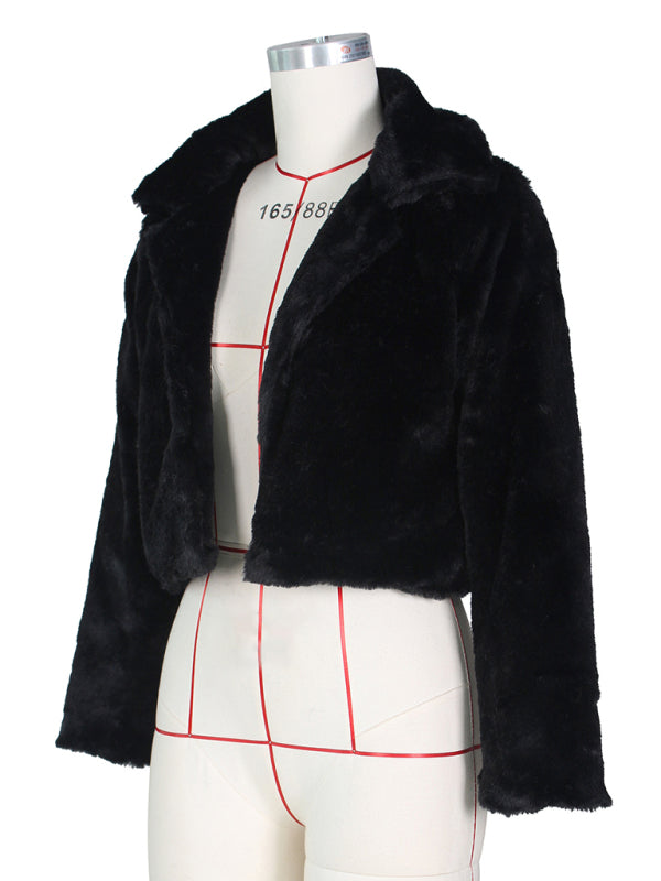 Women's faux leather lapel short jacket