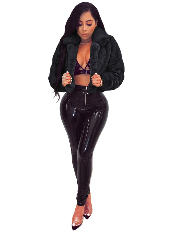 Women's faux leather lapel short jacket