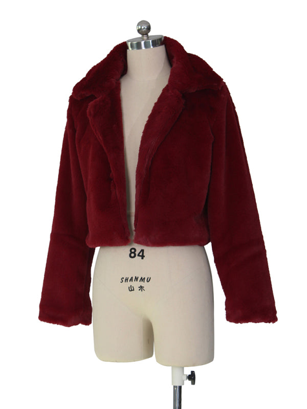 Women's faux leather lapel short jacket